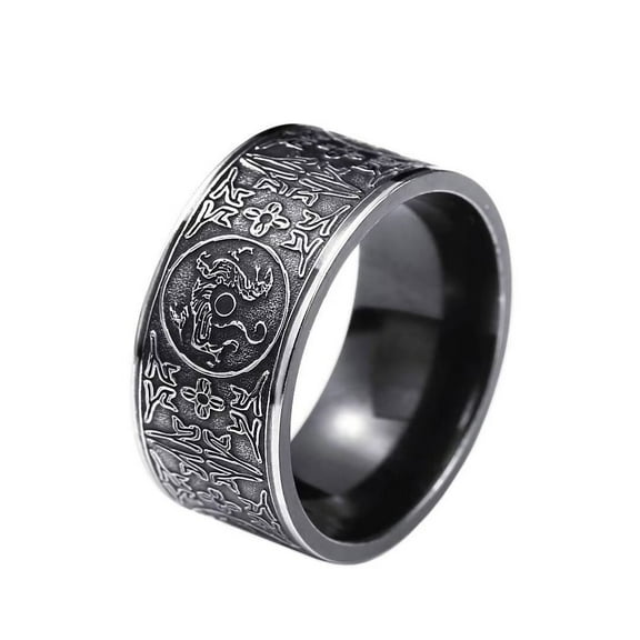 HIJONES Men's Stainless Steel Dragon Ring Cool Ancient Guardian Beast Goth Rings Band White Tiger, Suzaku, Basalt Black Size 7