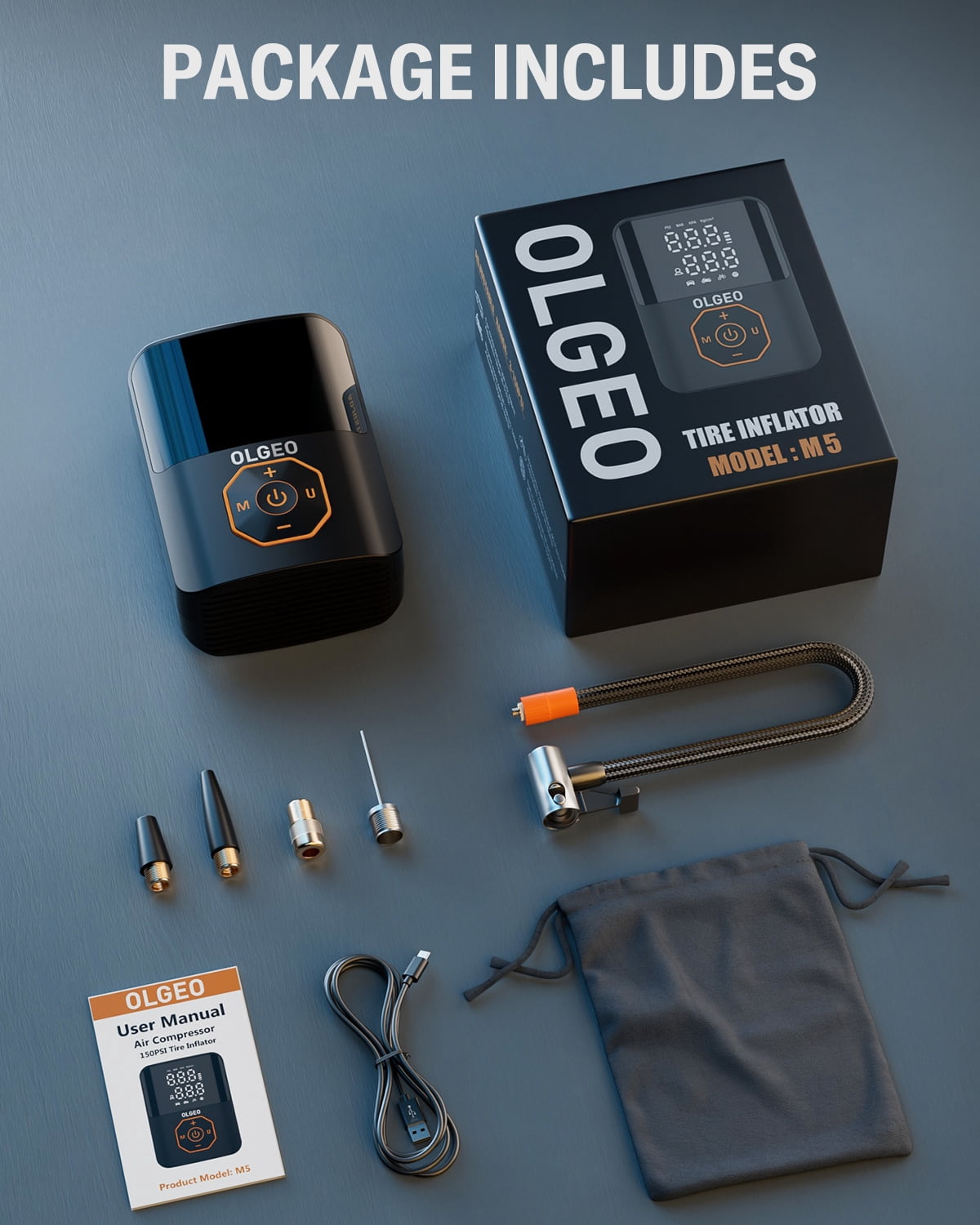 OLGEO Tire Inflator Portable Air Compressor, 160PSI Tire Pump with Digital Pressure Gauge, LED Light and Auto Shut-off, Cordless Tire Inflator for Car Motor Bike Ball