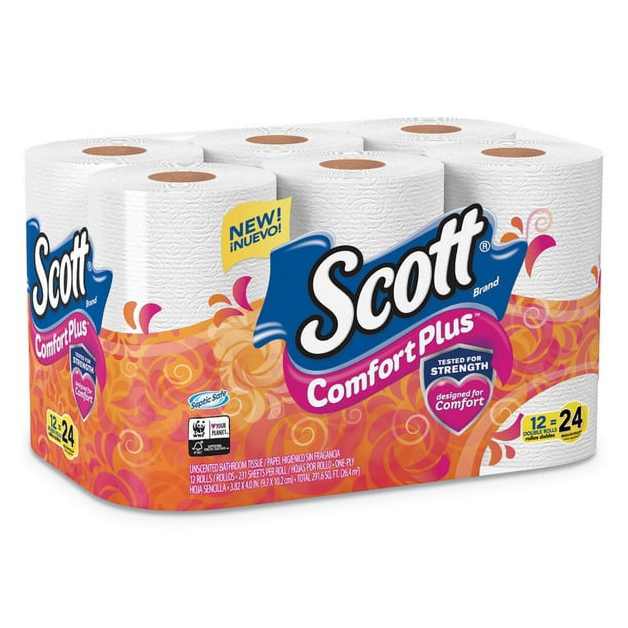 Scott ComfortPlus Toilet Paper, Double Roll, Bath Tissue, 1-Play, 231, 12 Roll per Pack
