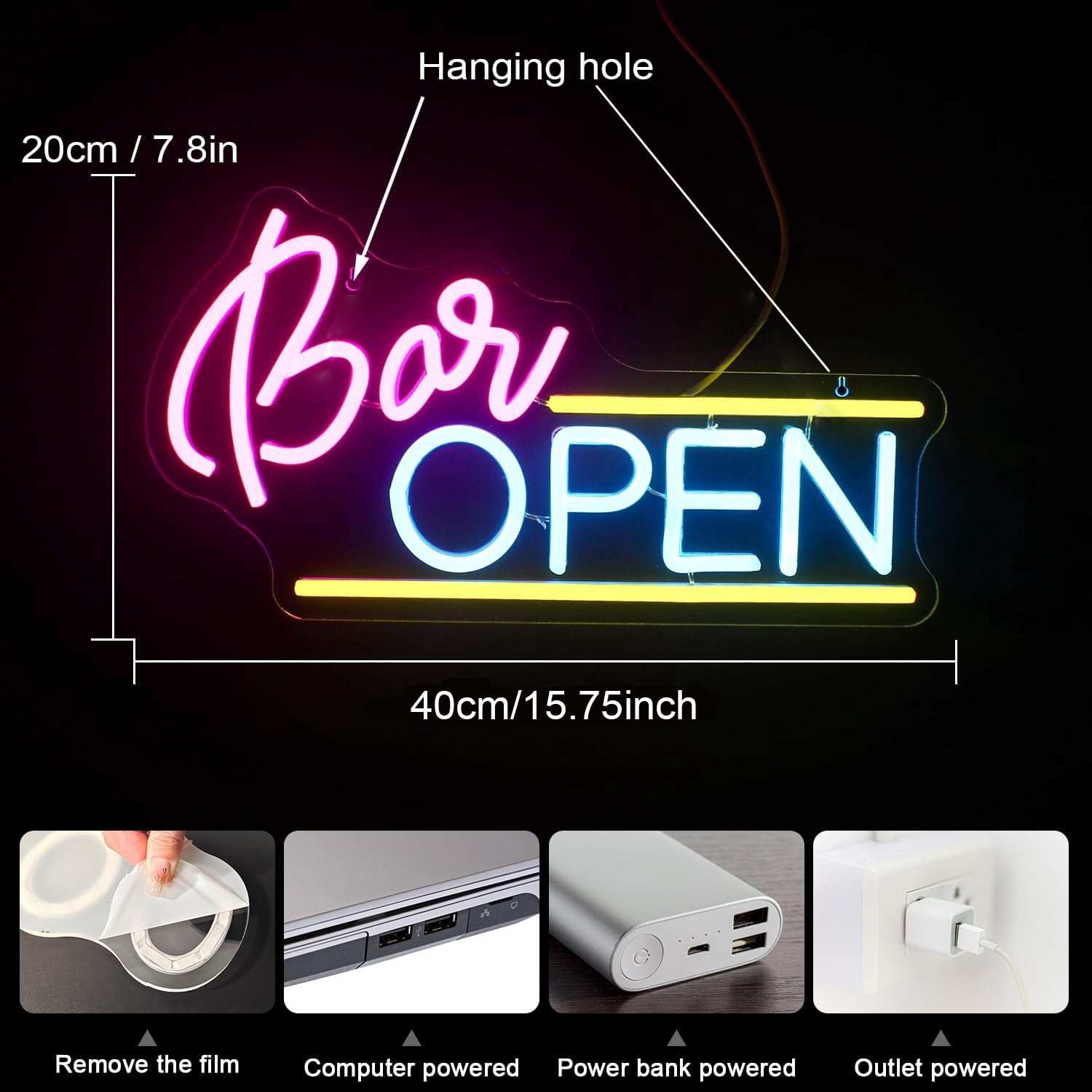 Lapalife Bar OPEN LED Neon Signs for Wall Decor, 15.7"x 7.8" LED Light Sign Dimmable with On/Off Switch USB Powered for Bar Man Cave Party