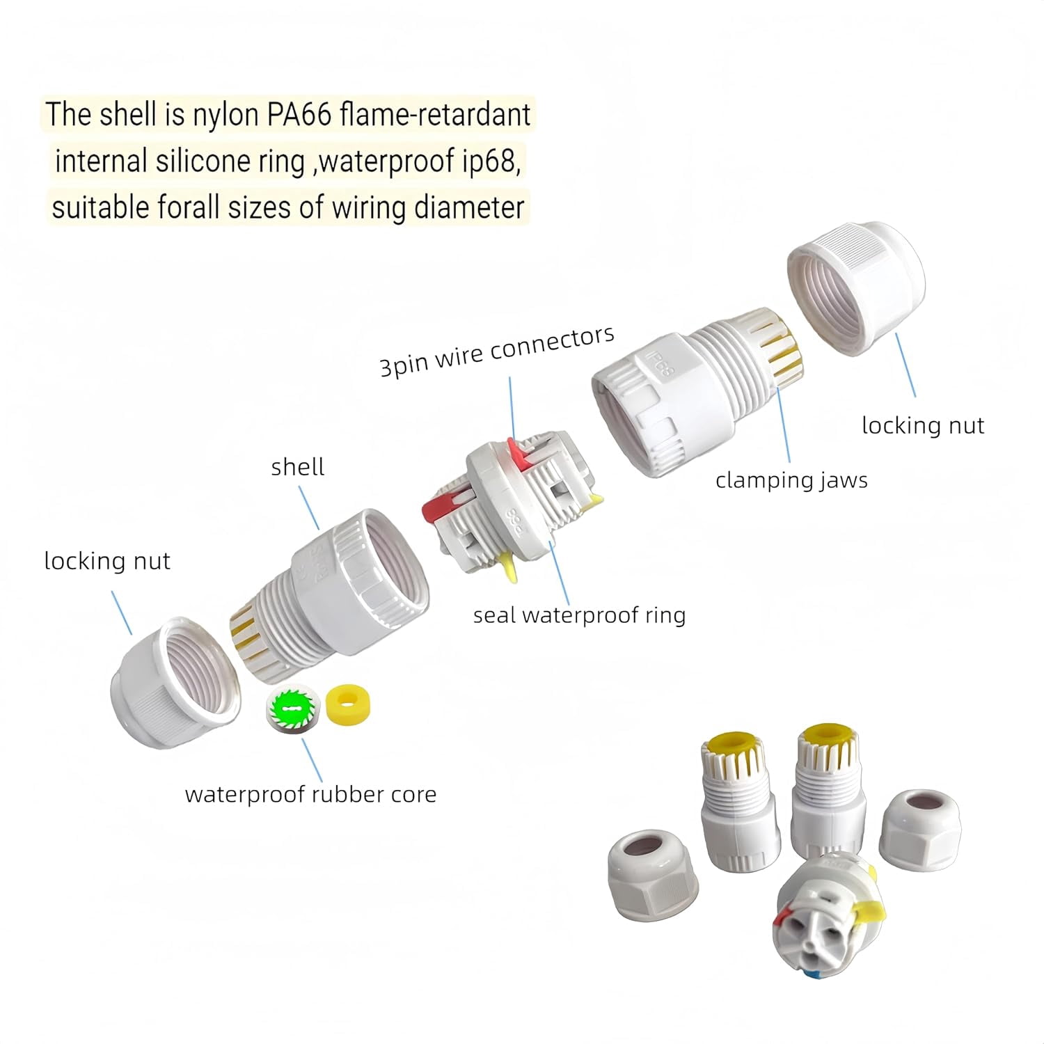 Waterproof 3-wire connector for permanent outdoor lights, white waterproof junction box quick connect connector suitable for flat and round wires, string lights, landscaping, electrical boxes (2 pcs)