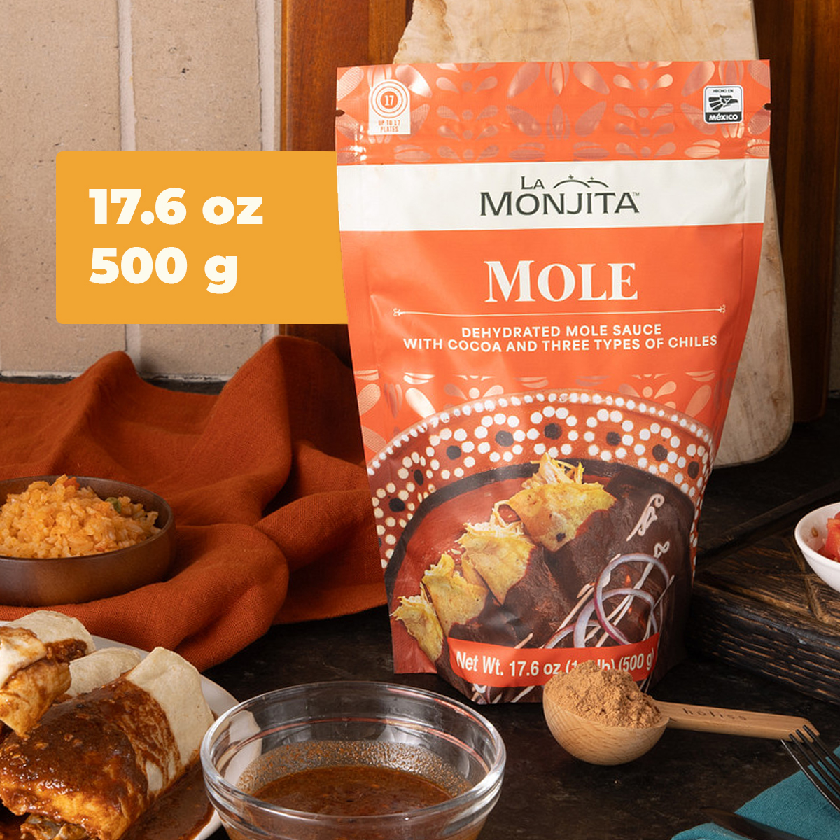 La Monjita Traditional Mexican Mole Sauce Powder Mix – Classic Dry Sauce Blend with Chiles, Cacao, Tortilla & Sesame Seeds (500g / 17.6oz Pouch, 17 Servings)
