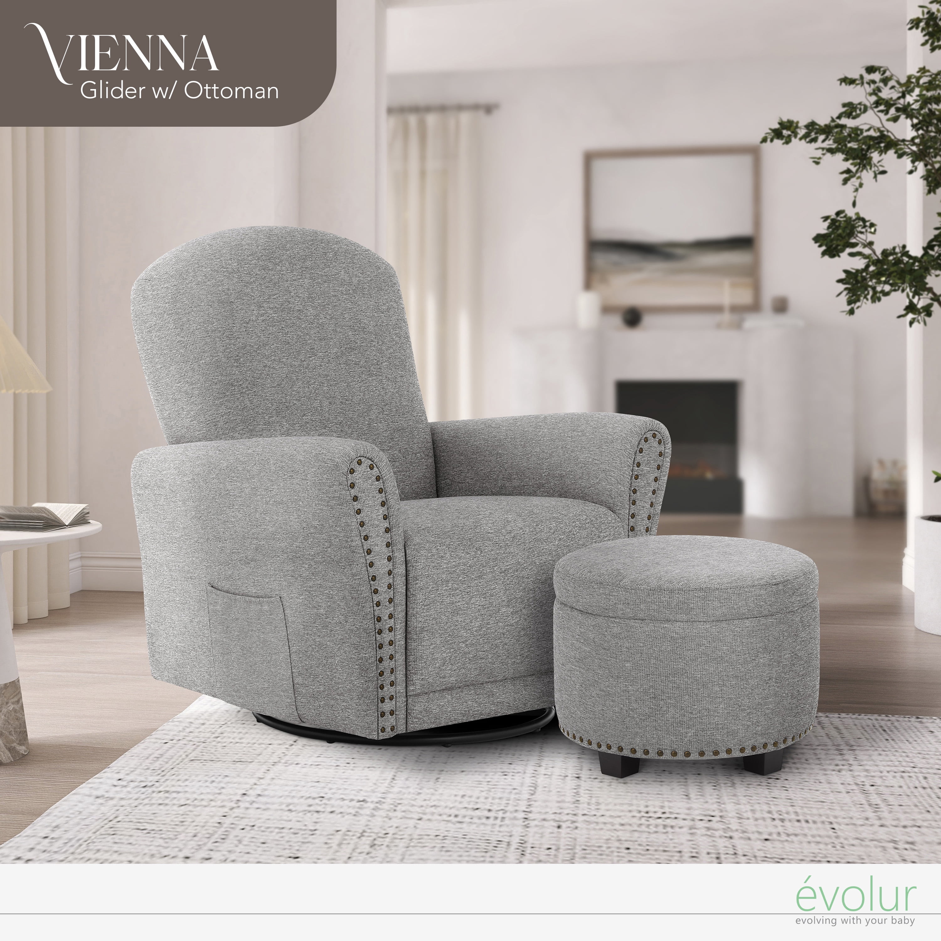 Evolur Vienna Swivel Glider with Ottoman and Nailhead Trim, Greenguard Gold Certified, Made from Sturdy and Sustainable FSC-Certified Wood, Grey