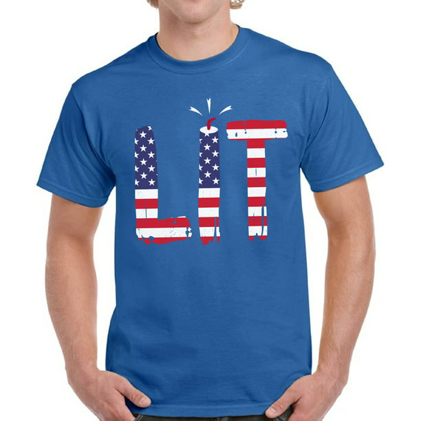 4th of July Shirts Men - Funny Humor Novelty Graphic Tees - USA American  Flag Lit 