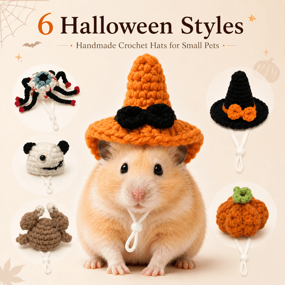 Hamster Hats for Small Animals, Halloween Hand Knitted Mini Pet Hats with Adjustable Band, Hamster Clothes for Real Hamsters Lizards Bearded Dragon Costume