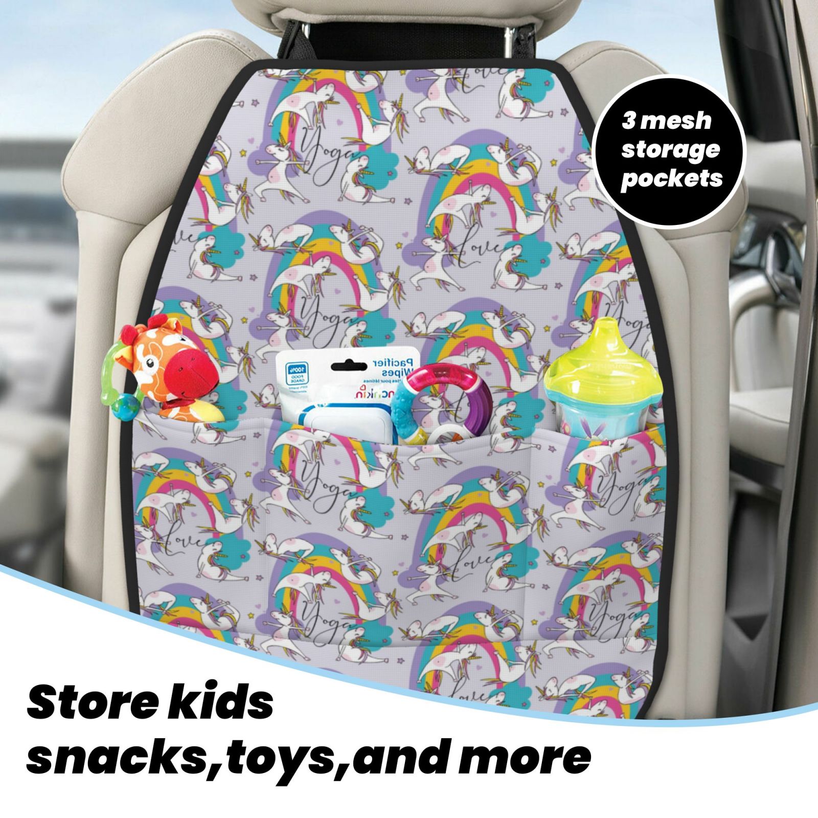 Xecao Unicorn DoingYoga Pattern Car Seat Back Protector 2 Pack Large Capacity Pocket, Kick Mats Back Seat Protector