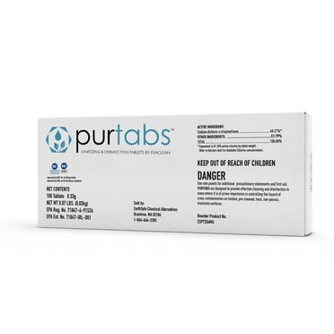 PurTabs 334mg Sanitizer Tablets, NSF D2 Certified, Food Safe, 99.9% Virus & Bacteria Kill, Hypochlorous Acid (HOCl), Cleans, Deodorizes & Disinfects