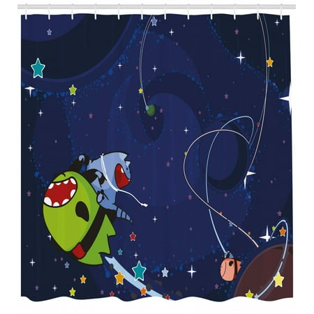 Space Cat Shower Curtain Cartoon Kittens Alien Creatures Stars