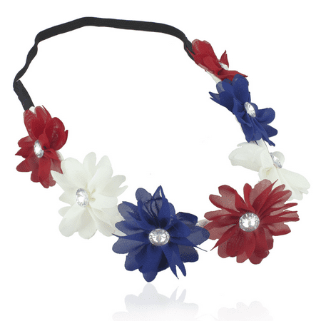 Floral Print Headband Lux Accessories Red White Blue American Flag 4th Of July Independence Floral Flower Stretch Crystal Headband Head Band ()