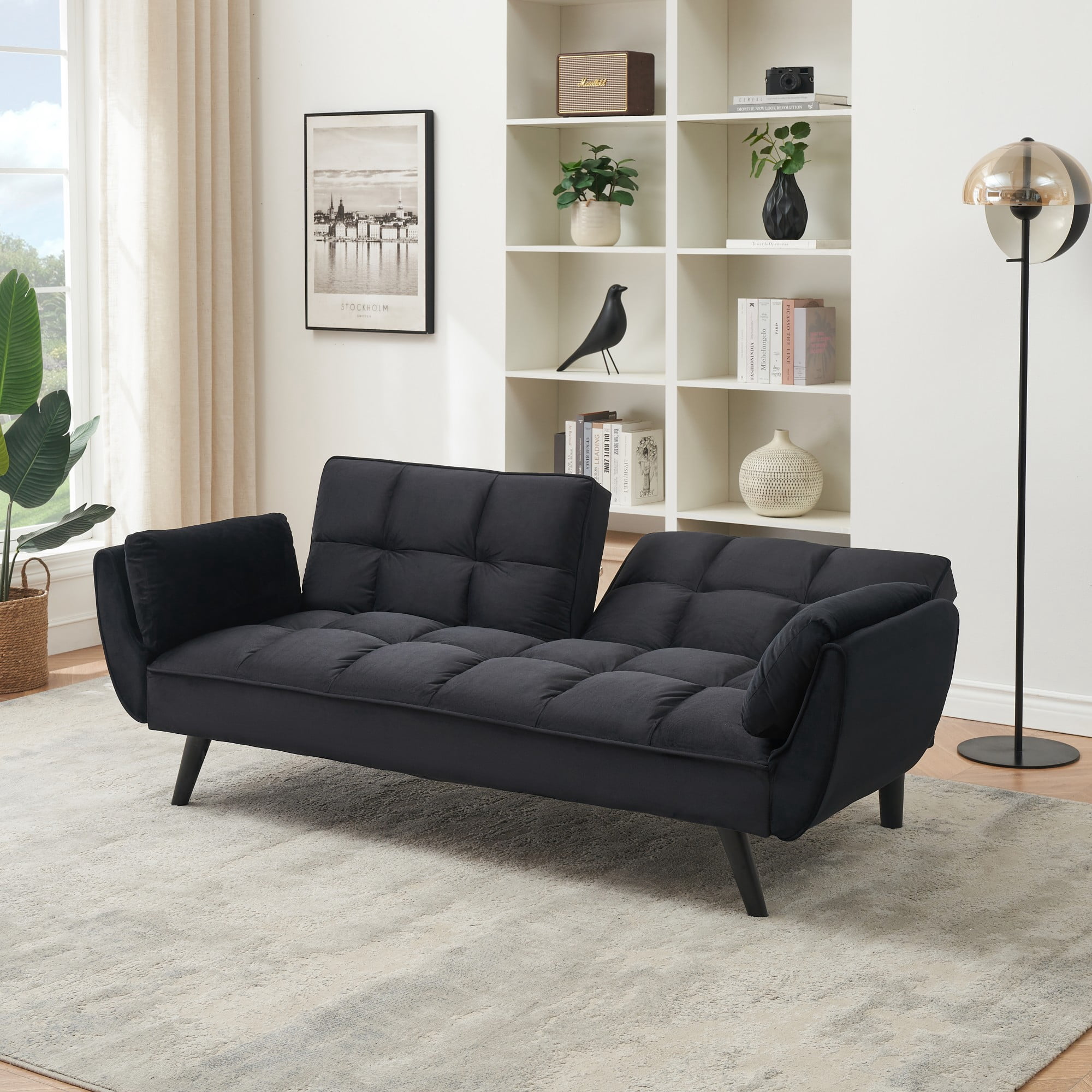 Leumius 74" Modern Loveseat Sofa for Living Room,Velvet Futon sofa bed with Adjustable Back & with 2 Throw Pillow for Bedroom,Small Spaces,Black