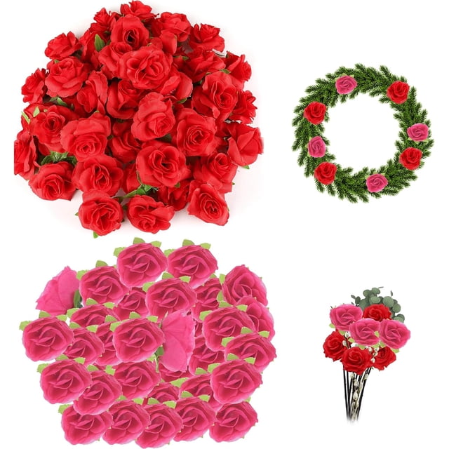 Pushiibee 60Pcs Roses Faux Flower Heads, 2 Colors 1.2 Inch Artificial Flower Heads for Decoration, Mini Artificial Flower Heads Fake Rose Flower Heads Silk Rose Head for Wedding Valentine's Day