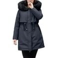 thumbnail image 2 of Women's Mid-Length Parka, Belted Waist Faux Fur Collar Jacket, Thickened Fleece Lined Winter Coat, Casual Winter Outerwear, Plus Size Winter Jacket Black L, 2 of 8