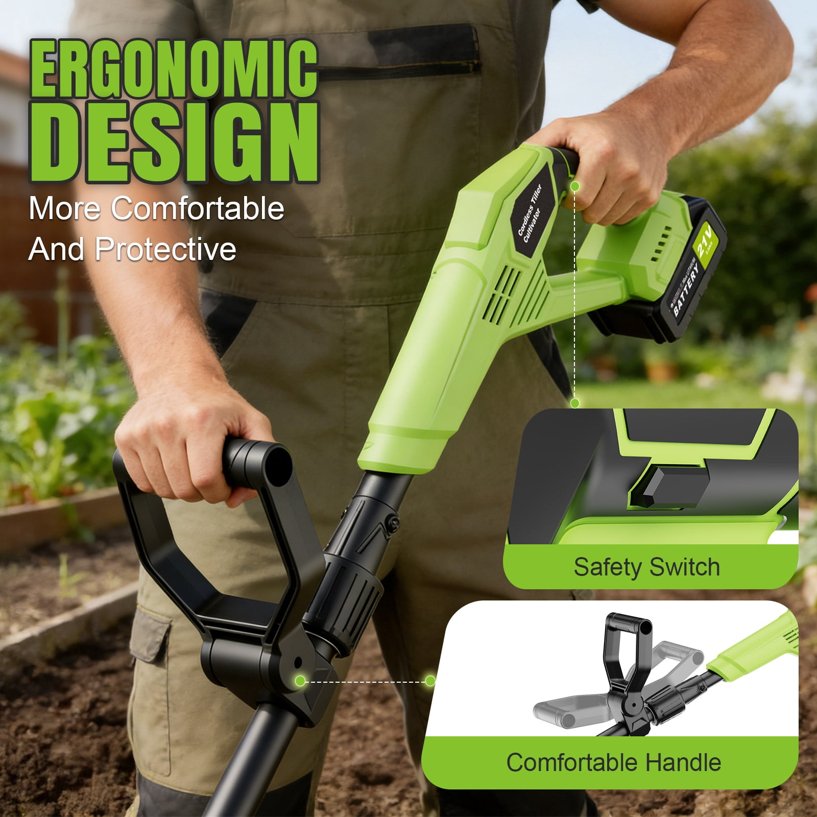 Fovendi 21V Cordless Tiller Cultivator, 360RPM Electric Garden Tiller, with 2 * 3.0Ah Batteries & Charger, 9In Tilling Width and 6.7In Depth Garden Rototiller for Lawn/Gardening/Soil Cultivation