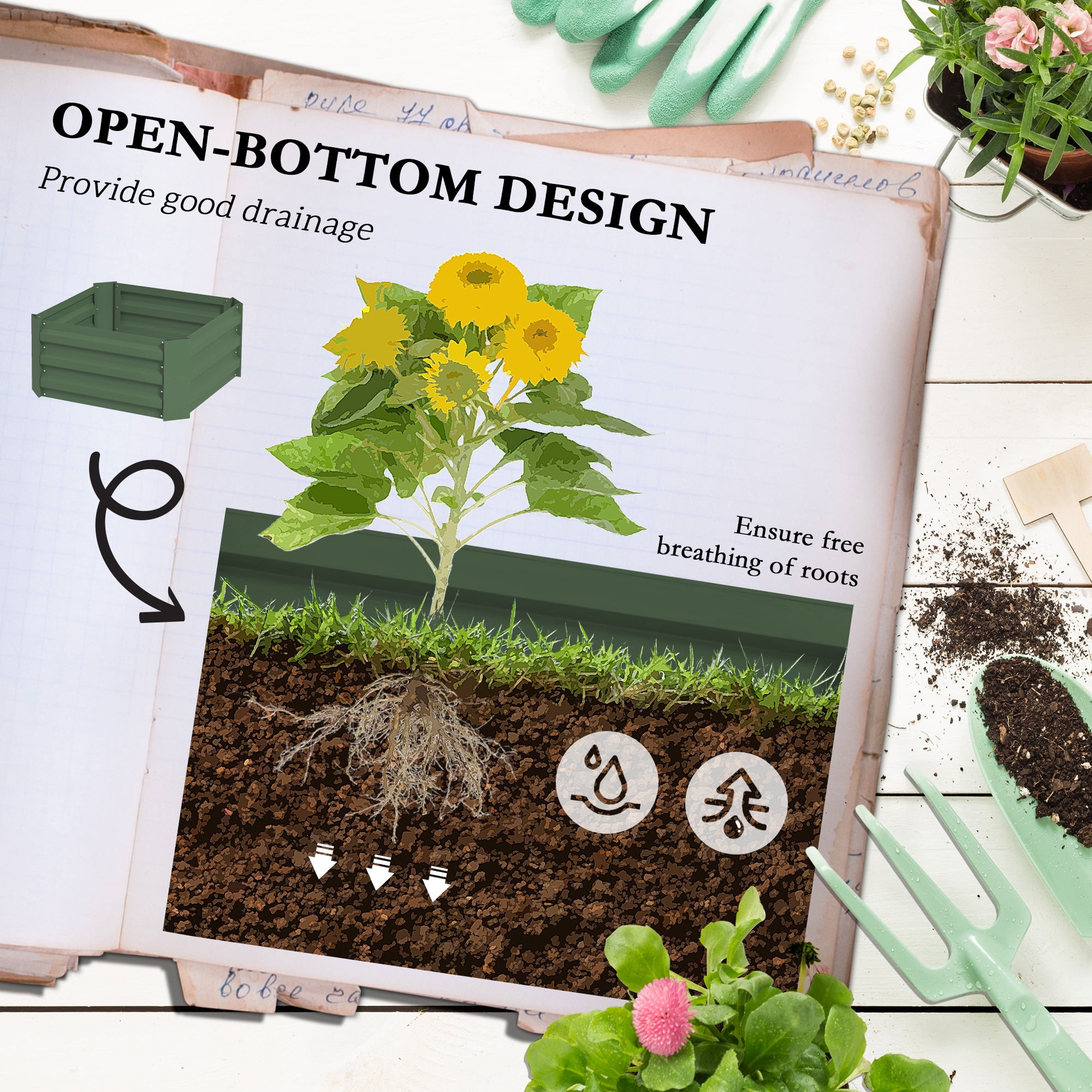 Outsunny Raised Garden Bed, 24" x 24" x 55" Galvanized Planter Box w/ Tomato Cage, Open Bottom for Climbing Vines, Green
