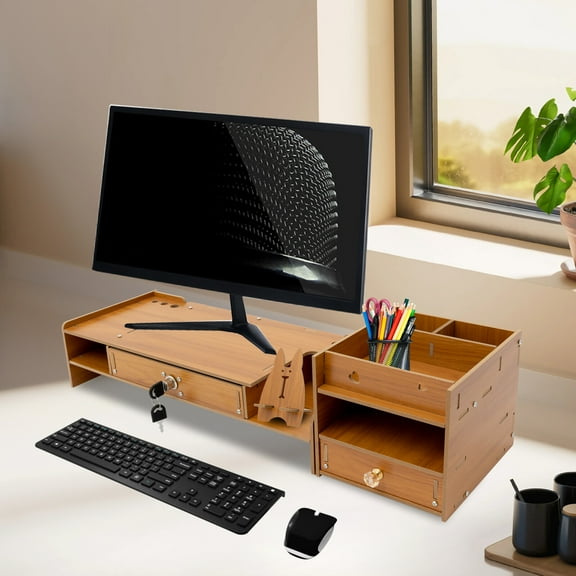 Cherry Wood Monitor Riser Shelf 2 Drawers 6 Pen Slots Phone Holder Keyboard Bay