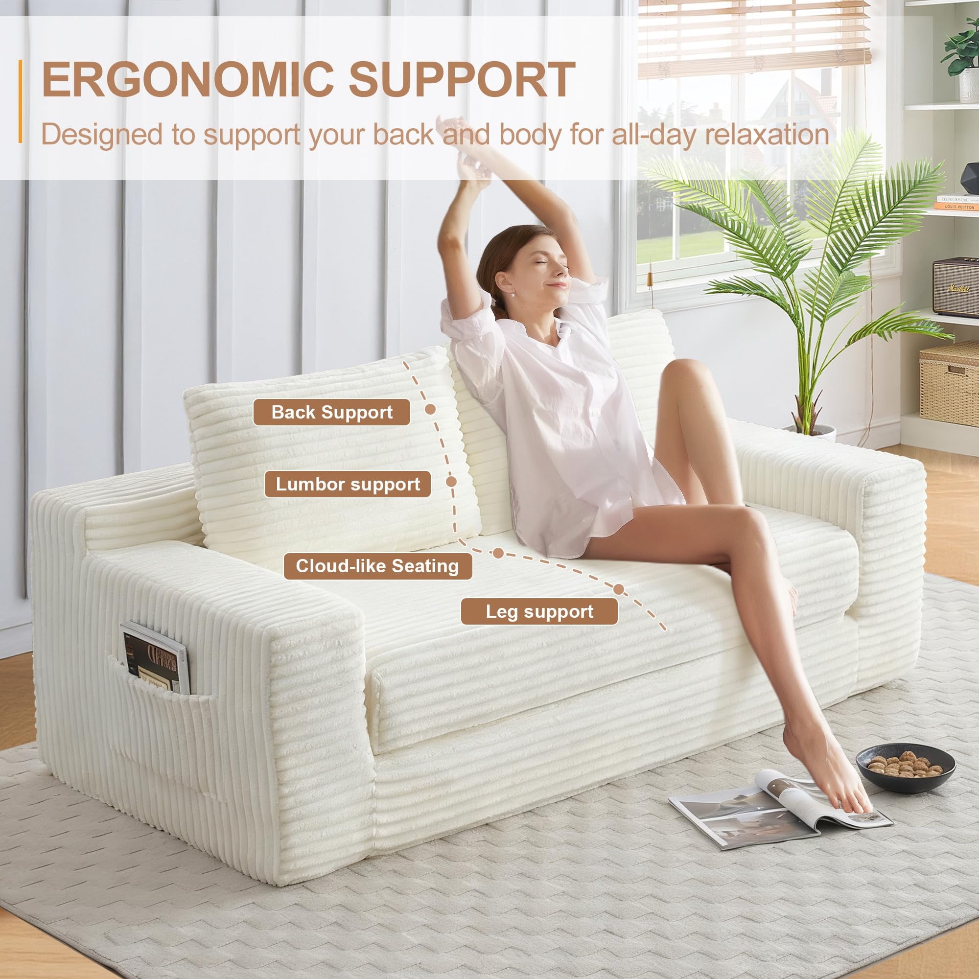 Aukfa 73" Chaise Futon Convertible Sofa Bed Boneless Couch, 2 Pillows&Side Pockets, Queen Size, Corduroy, White