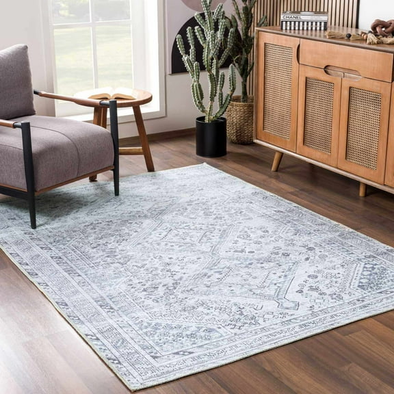 Hauteloom Barny Living Room, Bedroom Machine Washable Area Rug - Traditional - Off White, Denim, Charcoal - 8'10" x 12'