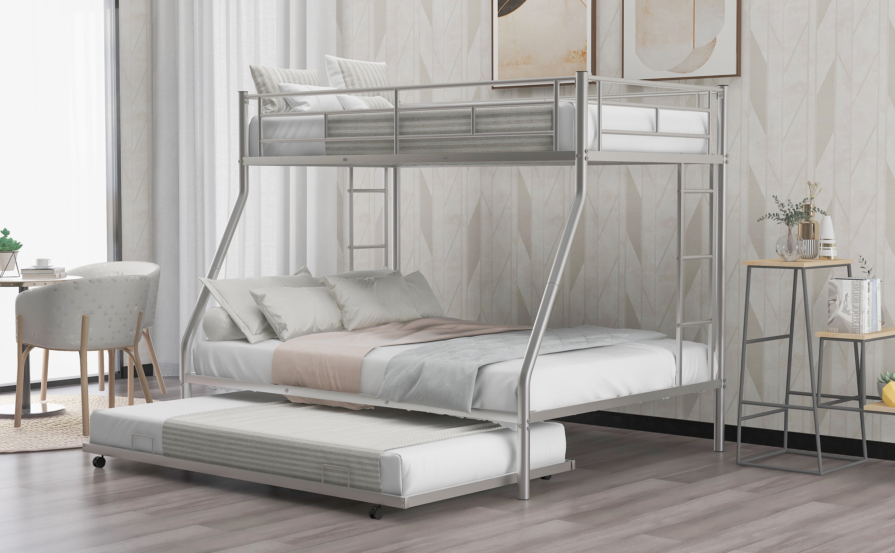 Euroco Metal Twin over Full Bunk Bed with Moveable Trundle & 2 Ladders for Bedroom, 3 Beds for Kids Teens Adults and Guests, Silver