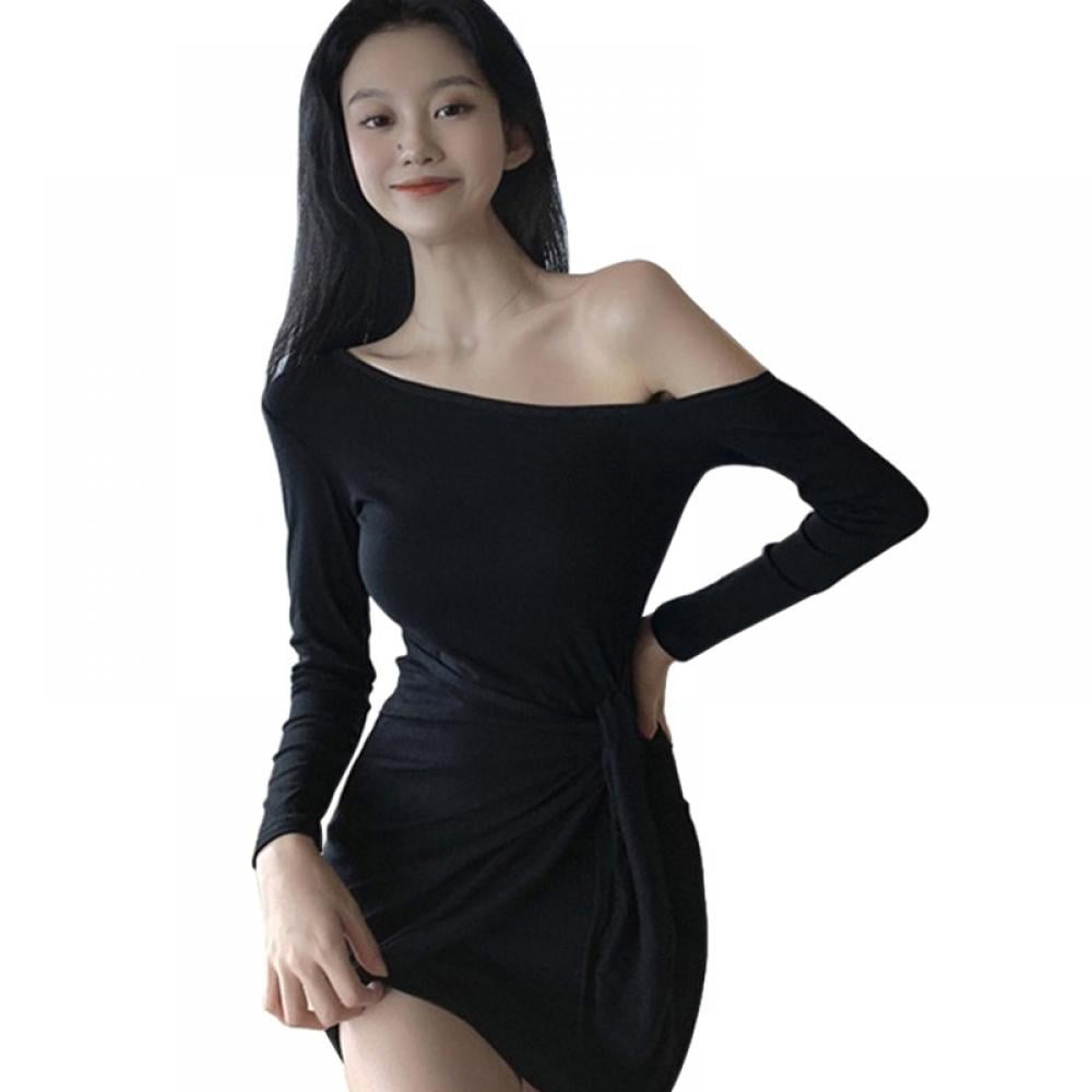 New Stylish Women Long Sleeves Sloping Shoulder Solid Casual Long Dress Party