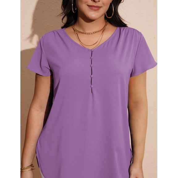 a.Jesdani Women’s Plus Size V-Neck Blouse Casual Flowy Flutter Sleeve Tops with Button for Curvy Women M-4X