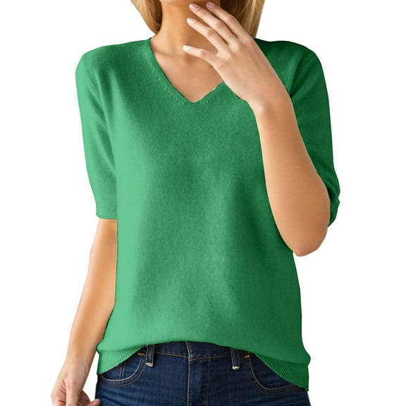 WTXUE T-Shirts Short Sleeve, Crew Neck Shirts for Women's Sweater Sweater Sweater V Neck Loose Base T Shirt Top Cotton Solid, Crochet Tops | Casual for Women Green L