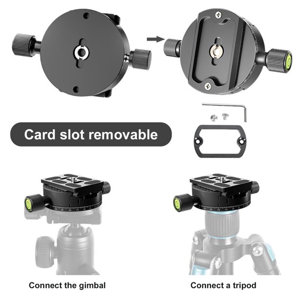 SUSUchens 1 Juego de placa de liberación rápida para cámara, ranura para clip extraíble, perilla de ajuste panorámico, rotación de 360 grados, adaptador de abrazadera de cardán para trípode