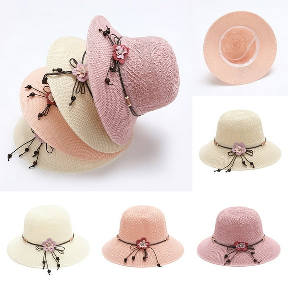 Foldable Straw Bonnet for Women Solid Color with Bowknot Beach Sun Protection