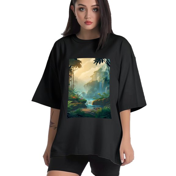 Plus Size Shirt for Women Black Tops for Women Short Sleeves Shirt for Women Jungle Landscape T Shirt Crewneck Shirt for Women XS