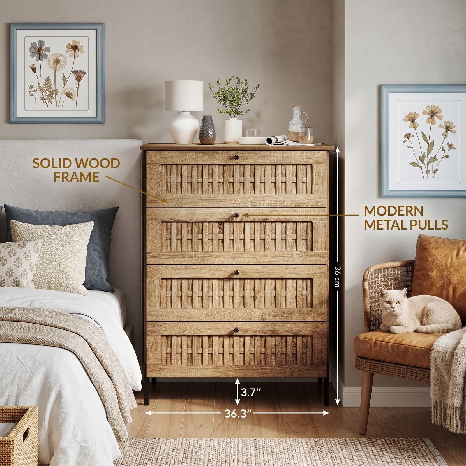 Furnibear 4-Drawer Dresser with Woven Rattan-Textured Fronts and Sturdy Metal Legs for Bedroom Living Room and Hallway Storage, Caramel Oak