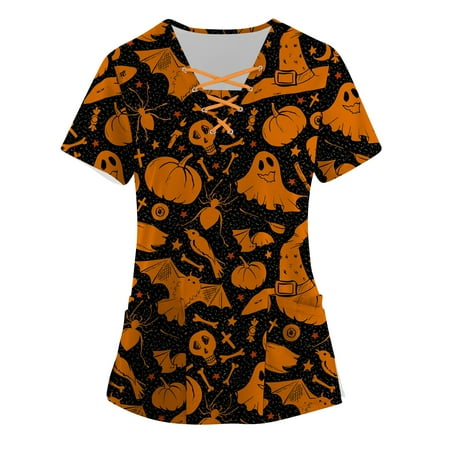 

TMOYZQ Scrubs for Women Halloween Print Professional Scrubs Tops Short Sleeve V Neck Bandage Nursing Workwear Tunic Working Uniform Blouse Medical Blouse with Pockets