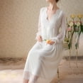 thumbnail image 5 of Defitshape Women's Long Sleeve Victorian Nightgown Soft Overlay Lace Scalloped Deep V Neck Sheer Illusion Sleeve Long Pajama Dress High Waist Nightshirt Spring Fall Sleep Shirt Sleepwear White Large, 5 of 5