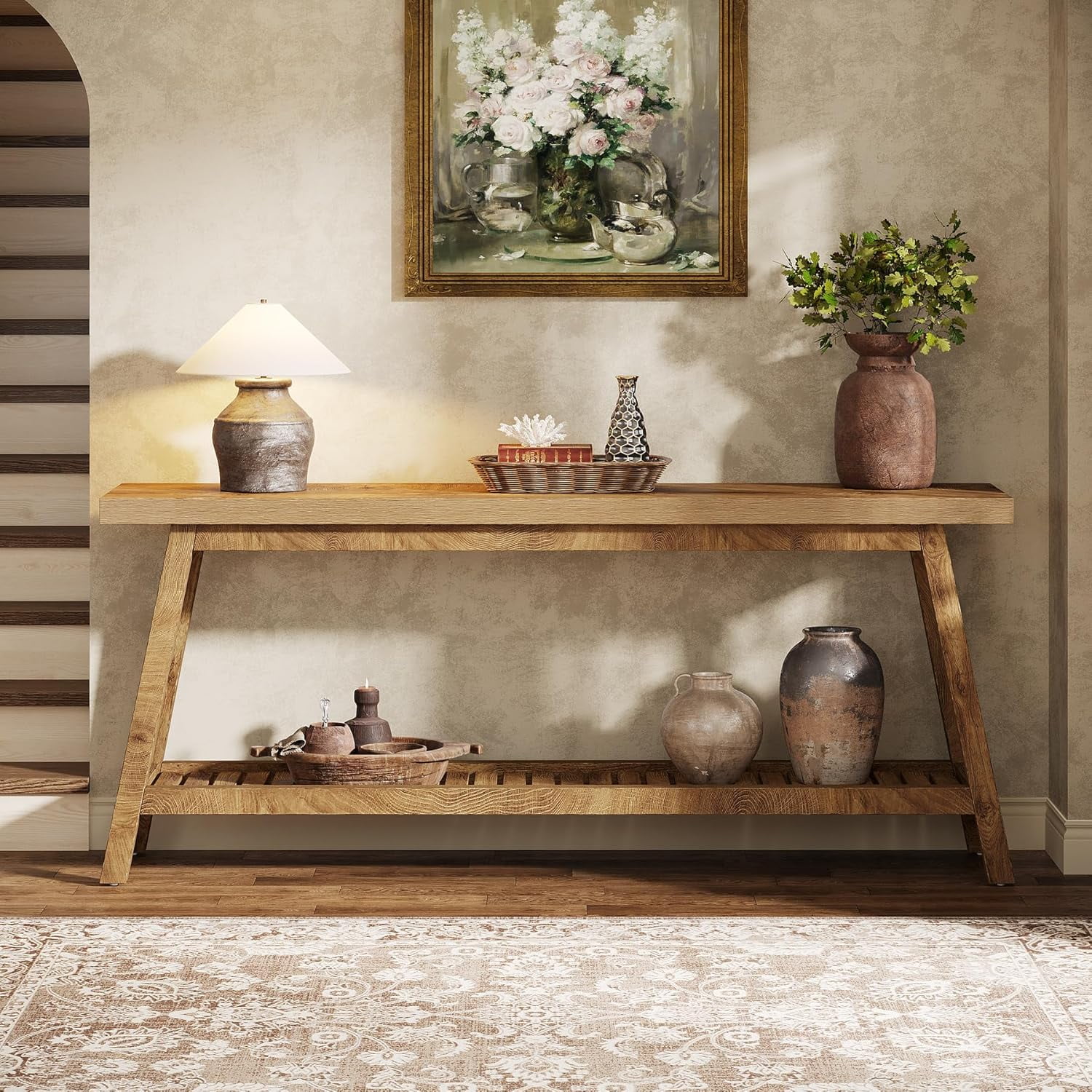 Tribesigns 70.9" Farmhouse Console Table: 2-Tier Wood Entryway Table, Light Brown