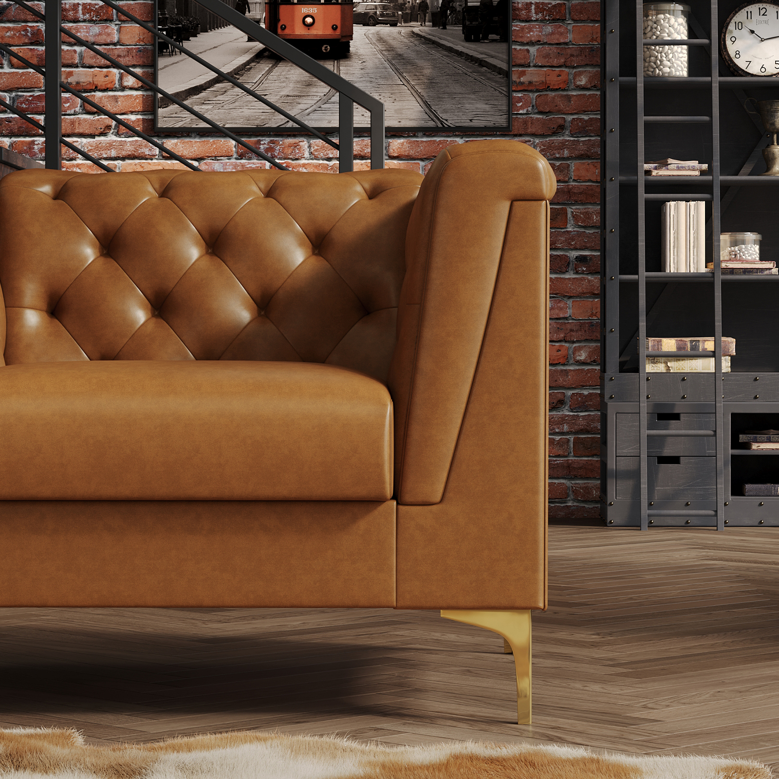 BLAZANT 40” Chesterfield Single Sofa, Upholstered Faux Leather Accent Chair, High Resilience Single Vintage Tufted Couch with Deep Seats & Metal Legs, Mid Century Modern for Living Room