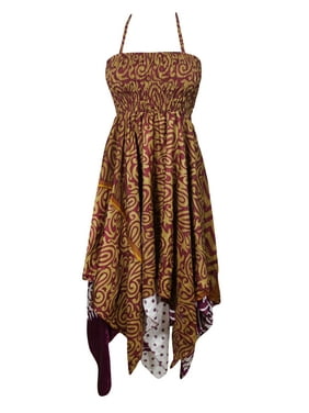 Mogul Womens Bohemian Halter Dress Handkerchief Hem Two Layer Printed Summer Fashion Gypsy Hippie Chic Resort Dresses