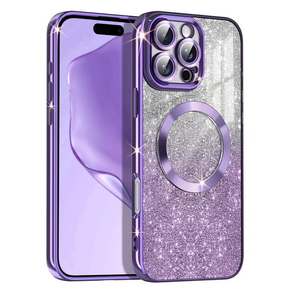 Casetego for iPhone 16 Pro Max Case,Compatible with MagSafe,Clear Magnetic Glitter Gradient Sparkle Luxury Plated Soft TPU Bumper Full Camera Lens Protector,Purple