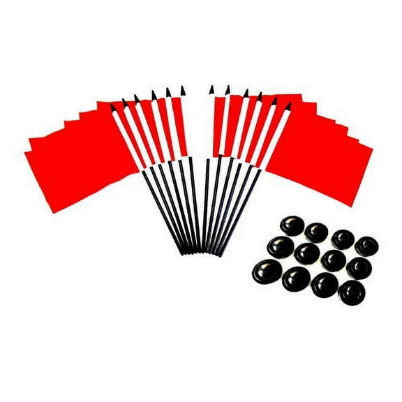 Pack of 12 4"x6" Red Polyester Miniature Office Desk & Little Table Flags, 1 Dozen 4x6 Red Small Mini Handheld Waving Stick Flags with 12 Flag Bases (Stands)