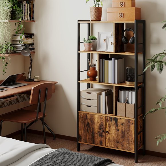 VASAGLE 4 Tier Bookcase Shelving Unit Storage Unit with Doors Large Steel Frame for Living Room Office Bedroom Industrial Style Rustic Brown and Black