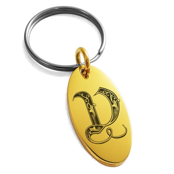 Stainless Steel Letter V Initial Royal Monogram Engraved Small Oval Charm Keychain Keyring