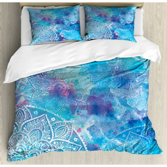 Mandala King Size Duvet Cover Set, Watercolor Artwork of Ancient Floral Round Figures with Color Strains Asian Design, Decorative 3 Piece Bedding Set with 2 Pillow Shams, Multicolor, by Ambesonne