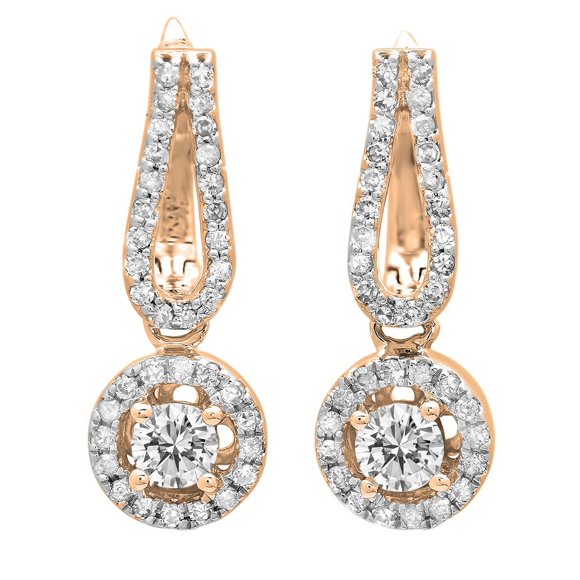 Dazzlingrock Collection 14K Boucles d'Oreilles Pendantes Rondes en Topaze Bleue & Diamant Blanc Style Halo pour Femmes, Or Rose