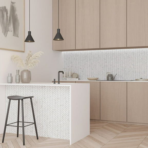 Aloha 11 x 13 in. Polished White with Gray Vein Glass, Recycled Glass Mosaic Herringbone Wall and Floor Tile (9.63 sq ft/case) - 10 Pack