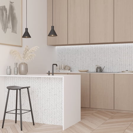 Aloha 11 x 13 in. Polished White with Gray Vein Glass, Recycled Glass Mosaic Herringbone Wall and Floor Tile (9.63 sq ft/case) - 10 Pack
