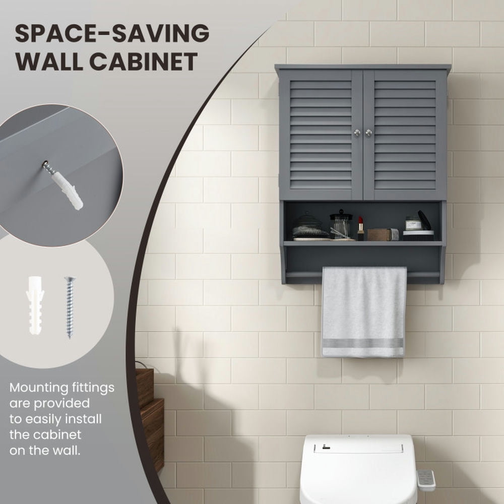 Finihen Bathroom Wall Cabinet, Wall Mounted Bathroom Cabinet, Medicine Cabinet, 2-Doors Bathroom Wall-Mounted Medicine Cabinet with Towel Bar, for Bathroom, Gray Finihen Bathroom Wall Cabinet, Wall Mounted Bathroom Cabinet, Medicine Cabinet, 2-Doors Bathroom Wall-Mounted Medicine Cabinet with Towel Bar, for Bathroom, Gray