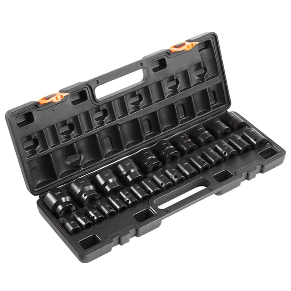 KFFKFF 26-Piece 1/2-Inch Drive Impact Socket Set, 6-Point Shallow Sockets, Durable CR-V Construction, Metric Sizes 10mm-36mm, Includes Storage Case