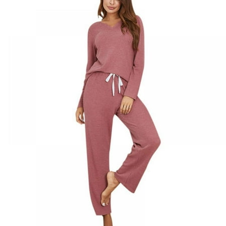 

TINKER Ladies Casual Long-sleeve Plus Size Pajamas Suit Home Service V-neck Sleepwear Set Top with Pants Loungewear