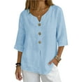 thumbnail image 2 of YanHoo Summer Linen Shirts for Women Button V Neck 3/4 Sleeve T-Shirt Blouse Casual Loose Basic Solid Tunic Tops 2026 Sky Blue,S, 2 of 8