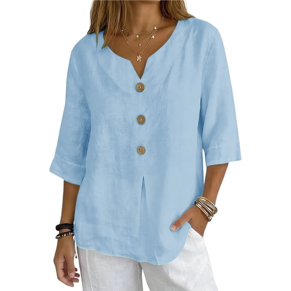 HOMBOM Womens Cotton Linen Shirts Summer 3/4 Sleeve Button V Neck Sky Blue Solid T Shirts for Women