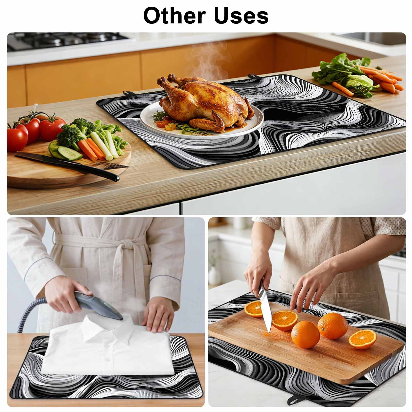 Abstract Waves Stove Top Cover for Electric Stove, Heat-proof & Non Slip Glass Top Stove Cover Protector, Black Grey Modern Geometric Striped Kitchen Flat Cooktop Rubber Mat 24x21 Inches