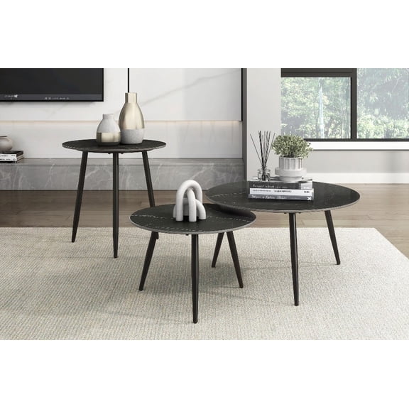 Modern Style 3-Piece Occasional Table Set with Black Metal Legs and Sintered Stone Top