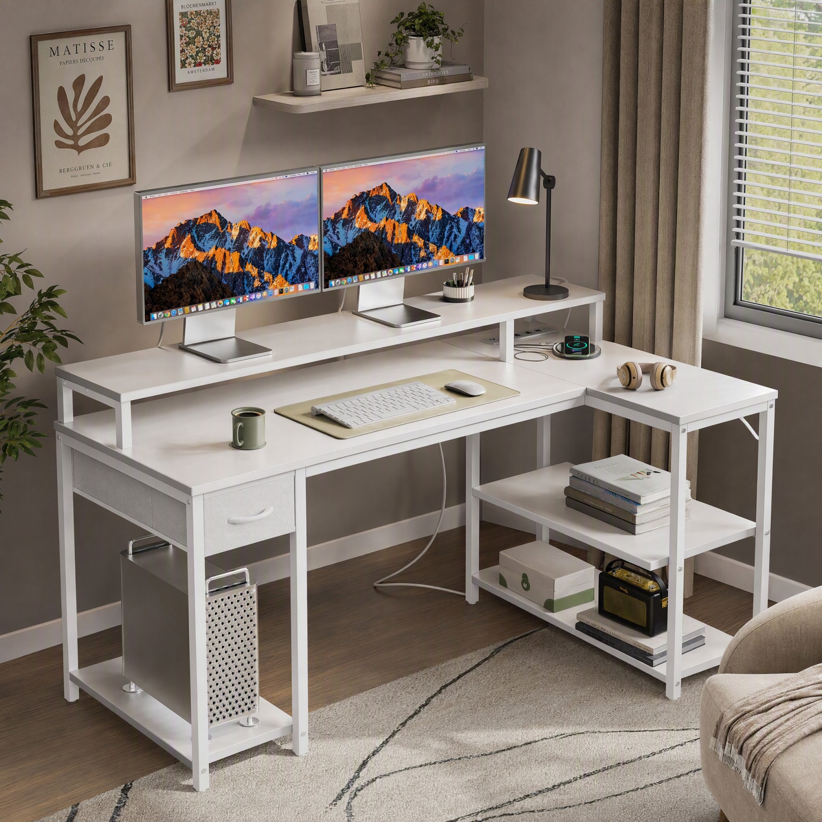 Telyra 53 Inch Gaming Table with USB Charging Port and Led Light, Reversible L-Shaped Table with Power Socket and Monitor Stand